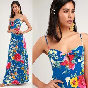 Lulu's Santiago blue floral print tie-front maxi dress